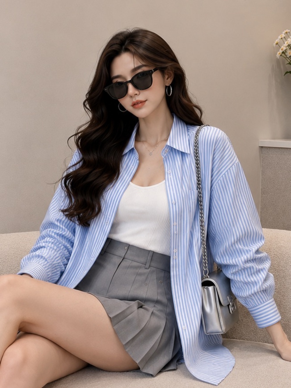 Women’s Blue & White Striped Oversized Button-Down Shirt
